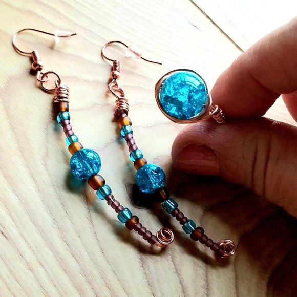 Copper Wire Earrings Rings Turquoise Set - Picture 1 of 10